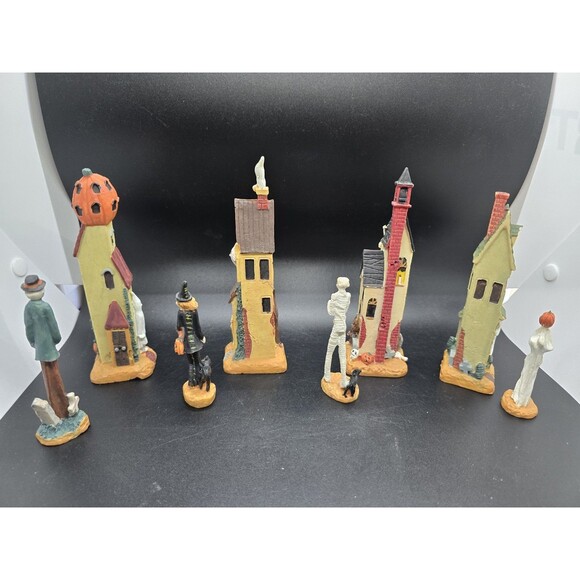 Vtg Halloween Village Rare Set  Poly Resin 3.5"/6.5" Skinny 4 Houses 4 Figures - Picture 11 of 16